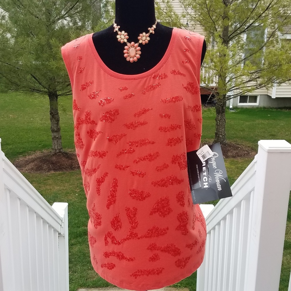 Onque Woman Coral Sequined Tank Top Size 2X